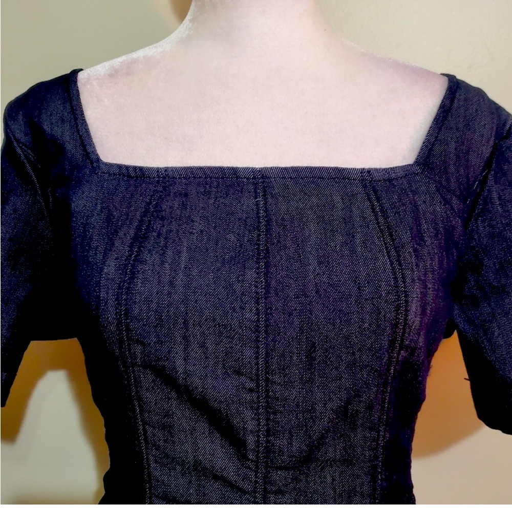 Anthropologie Short-Sleeve Square-Neck Denim fit & flare mini Dress XS NWT - Picture 8 of 16